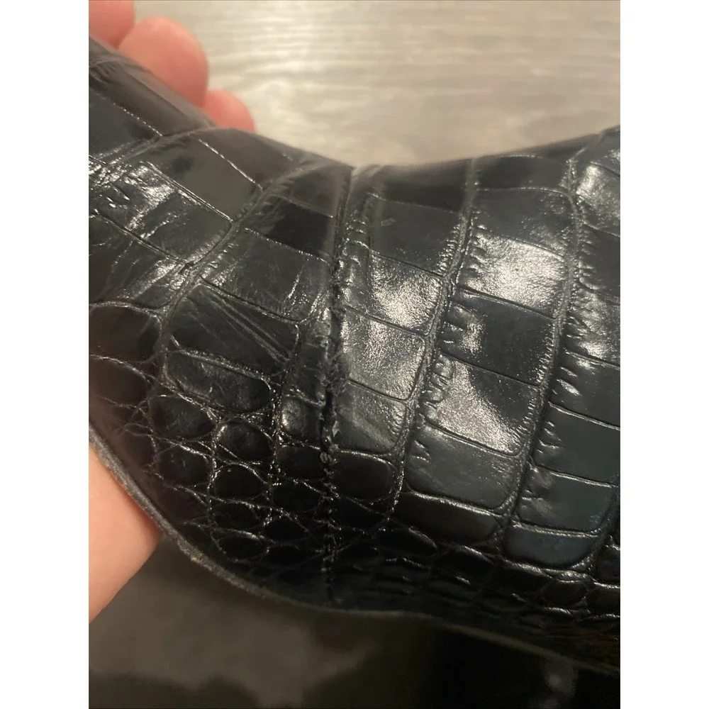 Lafayette 148 Women's Croc Embossed Leather Pull On Knee High Boots Black Sz 8.5